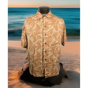 La Cabana Hawaiian Shirt Mens M Orange Tropical Floral Print Short Sleeve Button